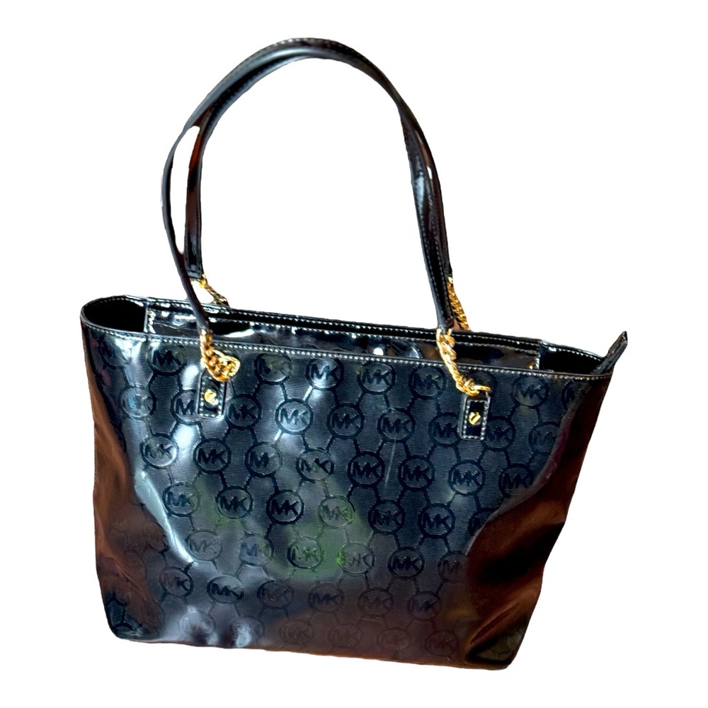 Michael Kors Black Patent Leather Purse Handbag - Gold Chain Straps.